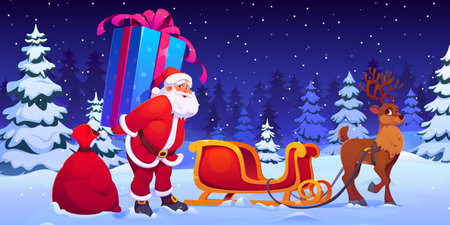Santa Claus with reindeer, sleigh and big gift box at Christmas holiday night, vector greeting card. Cartoon Santa character loading Xmas present box in deer sleigh on snow meadow of Christmas forestのイラスト素材