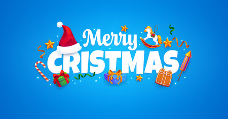 Merry Christmas greeting card with tinsel ribbons and Xmas tree decorations, vector banner. Christmas winter holiday greetings with Santa gifts, gingerbread cookie biscuits and petard fireworksのイラスト素材