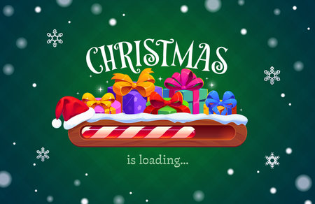 Christmas holiday countdown loading bar with glowing progress line and festive gift elements. Vector loading bar features shiny candy cane design with Santa hat and Christmas presentsのイラスト素材