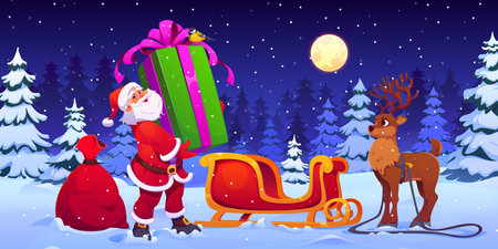 Santa Claus with big gift box near reindeer sleigh at winter forest cartoon background. Vector Christmas holiday scene of cute Santa and deer character delivering Xmas present with Christmas sleighのイラスト素材