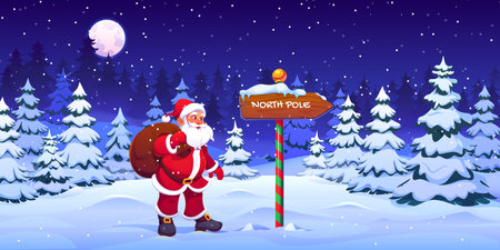 Cartoon Santa Claus near North Pole sign at winter Christmas forest, vector Xmas greeting card. Funny Santa character looking at North Pole arrow sign post with big gift bag at Christmas holiday nightのイラスト素材