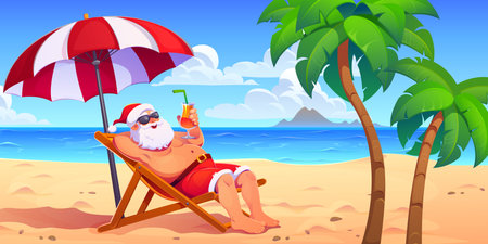 Santa Claus sunbathing on tropical beach, vector Christmas winter holiday greeting card. Cartoon Santa character relaxing on tropical island beach with chair and umbrella, cocktail and funny swim suitのイラスト素材