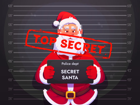 Cartoon Christmas secret Santa mugshot with black sign and top secret stamp, vector Xmas greeting card. Arrested bad Santa Claus character getting mugshot at police department with pixelated faceのイラスト素材