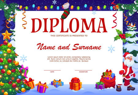Christmas and winter holiday diploma certificate. Vector Xmas gift frame with Santa Claus character, present boxes, gift bag and decorated fir tree under falling snowflakes on winter forest backgroundのイラスト素材