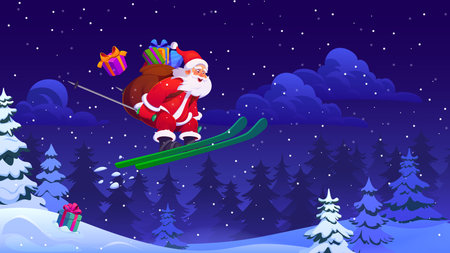 Santa Claus flying on ski with Christmas gift bag at Xmas winter holiday night forest vector background. Cartoon happy Santa skier character jumping off snow hill on ski with Christmas gift boxesのイラスト素材