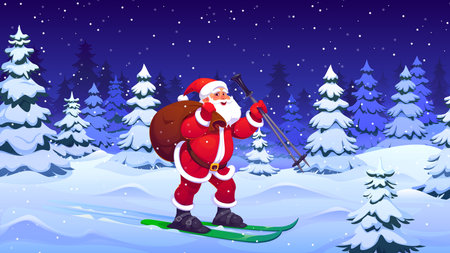 Cartoon Santa Claus goes skiing with sack of gifts at winter forest, vector Christmas holiday background. Funny Santa character delivering gifts through Xmas festive night snowy forest trees and snowのイラスト素材