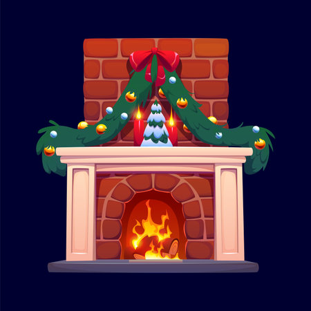 Cartoon Christmas fireplace decorated with wreath and bauble decorations, vector brick hearth. Winter holiday fireplace with burning fire, Christmas tree toy, candles and Xmas red ribbon for New Yearのイラスト素材