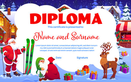 Merry Christmas kids diploma certificate template with Santa holding skis, elf in green costume near red gift sack, and reindeer. Vector diploma with gift boxes on snow, night town with market kiosksのイラスト素材