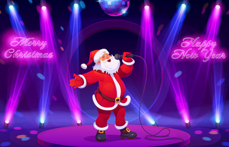 Santa Claus singing a Christmas song and dancing on disco party podium. Vector cool Santa singer character singing and rocking the stage with microphone, disco ball and lights, Christmas greeting cardのイラスト素材