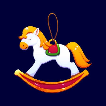Cartoon Christmas tree decoration or rocking horse toy ornament, vector icon. Winter holiday decoration or Christmas tree ornament or retro decor, rocking pony of glass or plastic for New Year giftのイラスト素材