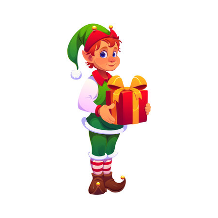Christmas celebration elf cartoon fairytale adorable character. Xmas festive Santa Claus helper funny character, elf cute vector mascot. Christmas fairytale boy personage holding gift box in handのイラスト素材