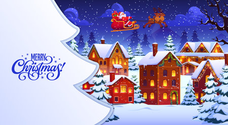 Merry Christmas paper cut banner with pine tree shape and flying Santa on sleigh above winter snowy town. Vector 3d paper cut Christmas tree banner border of cartoon Xmas town with Santa deer sleighのイラスト素材