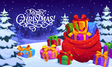 Christmas gifts and Santa bag on the snow. Merry Xmas greeting card with holiday presents and red sack on snow. Cartoon vector magical festive winter scene with snowy pine trees under a night skyのイラスト素材