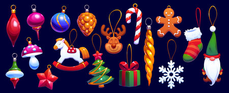 Cartoon Christmas tree decorations and balls. Vector cute Xmas ornaments, baubles, toys and glass globes decorations set. Christmas tree, gift box, reindeer, elf and gingerbread man ornamentsのイラスト素材
