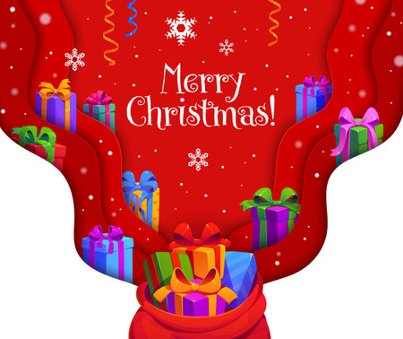 Christmas paper cut greeting card with Santa bag of gifts, snowflakes and confetti, vector banner. Merry Christmas greeting for winter holiday with gifts and tinsel on paper cut festive backgroundのイラスト素材