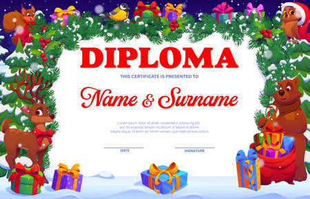 Christmas diploma certificate for kids vector template. Xmas winter holiday diploma card, letter or award in frame with cartoon Christmas tree and gifts borders, cute animal characters and snowflakesのイラスト素材