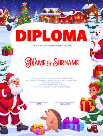 Christmas kids diploma certificate with Santa gifts and magic elf, cartoon vector. Diploma certificate or appreciation letter award template with snowy town village and Christmas tree decorationsのイラスト素材