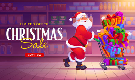 Christmas seasonal sales banner, Santa Claus in store. Festive vector banner featuring cartoon Santa pushing cart full of gifts in supermarket. Promotional text limited offer Christmas saleのイラスト素材