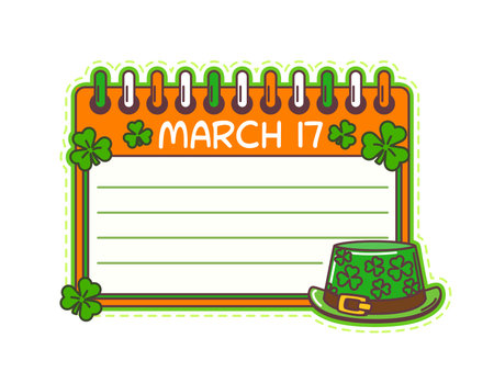 St Patricks day Ireland celebration kids memo note template. Saint Patrick festive label, Ireland celebration planner vector frame. Irish holiday kids memo note with calendar, clovers, leprechaun hatのイラスト素材