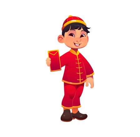 Chinese lunar New Year kid or Asian holiday character with red gift envelope, cartoon vector. Boy kid in traditional Asian folk costume with hongbao envelope for CNY festival celebration in Chinatownのイラスト素材