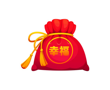 Red Asian fortune pouch and silk purse, Chinese lucky money bag with golden coins. Happy wallet tied with a golden rope with tassels. Cartoon vector icon for prosperity and New Year wealthのイラスト素材