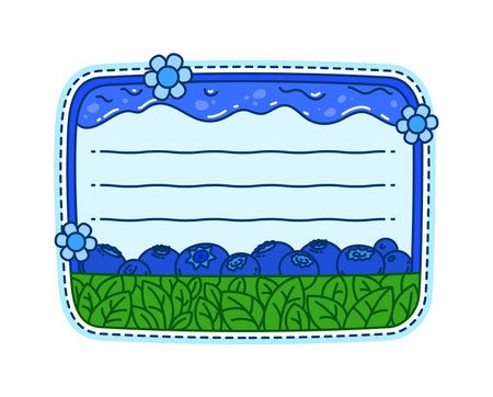Kids memo note frame with ripe blueberry berries for message sticker, cartoon vector. Blueberry jam splash and flowers for kids memo note or adhesive post, daily agenda memo and task planner labelのイラスト素材