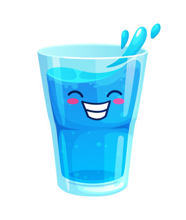 Cartoon cute blue water glass character, funny transparent cup with liquid splash. Vector cute kawaii water beverage personage with with blushing cheeks and wide grin. Water fun and friendly characterのイラスト素材