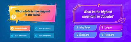 Quiz template, question and answer game. Cartoon vector template for interactive quizzes, featuring structured layout with question fields, multiple choice options, and modern UI for educational appsのイラスト素材