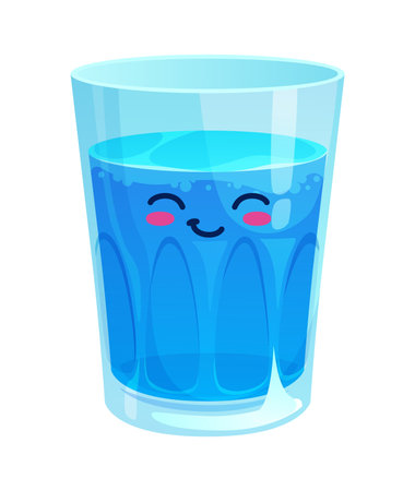 Cartoon water drink. Kawaii glass of water drink character with blue drink inside, foamy top surface, cheerful face with eyes and blush. Vector blue personage for eco healthy lifestyle promotionのイラスト素材