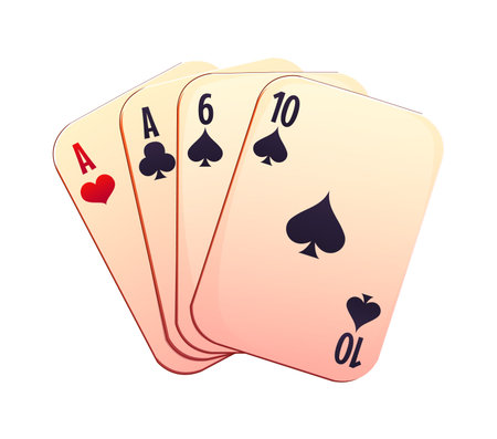 Cartoon casino gambling game icon with casino poker cards showing ace of hearts and clubs, six of spades, and ten of spades, isolated on white. Vector four playing cards arranged in a fan shapeのイラスト素材