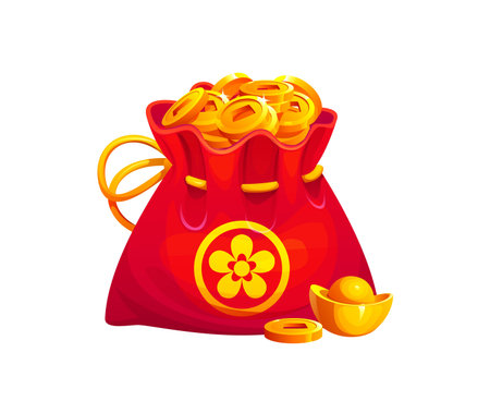 Red Chinese lucky money bag and pouch with golden coins and sycee, Asian fortune purse for Lunar New Year celebration. Happy wallet with gold flower and sychee ingot. Vector tied festive CNY sackのイラスト素材
