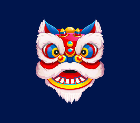 Chinese Lunar New Year cute Guangdong lion. Cartoon lion dance head with smiling face, expressive eyes, and festive red and white colors. Festive vector mask for traditional Barongsai performanceのイラスト素材