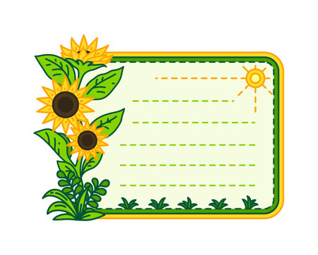 Kids memo note frame with sunflower flowers plant for sticker, cartoon vector. Kids memo note or adhesive label and message sticker with sun and sunflowers for daily tasks planner or memo noticeのイラスト素材