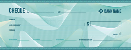 Blank bank cheque, money bill check, gift voucher or donation certificate with guilloche pattern....
