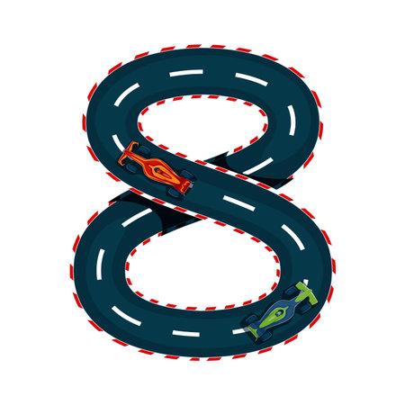 Car racing font type track road and vehicles number 8 eight. Automobile motorsport font vector...