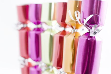 Modern, bright and shiny Christmas decorations on white backgroundの写真素材