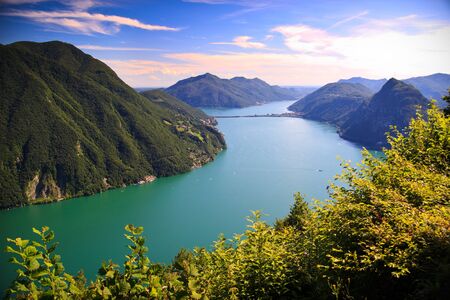 View of Lugano lake in summer,  Switzerlandの写真素材