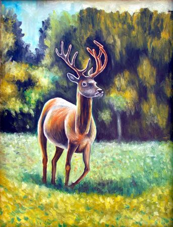 An image of a hand-painted depicting a spotted deer against the backdrop of a forest.の写真素材