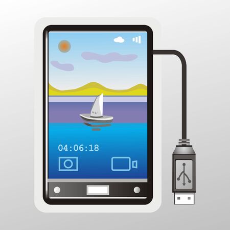 an illustration of a smartphone, on the desktop which displays a picture of the lake, and the usb cable is connected to the smartphone.のイラスト素材