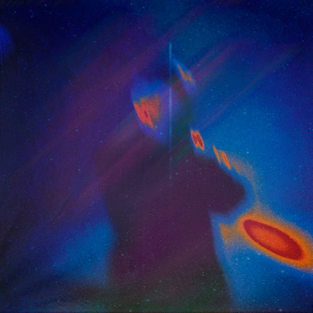 Illustration of a man playing guitar in the night sky as a backgroundの写真素材
