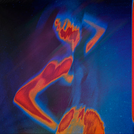 Abstract painting of a beautiful woman in red and blue colors on black backgroundの写真素材