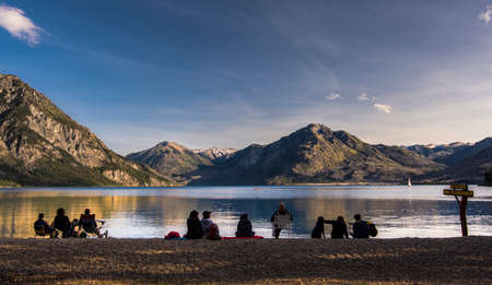 people relaxing at the lake EpuyÃ©n shore in Puerto Patriada. Chubut Province, Argentina.の写真素材