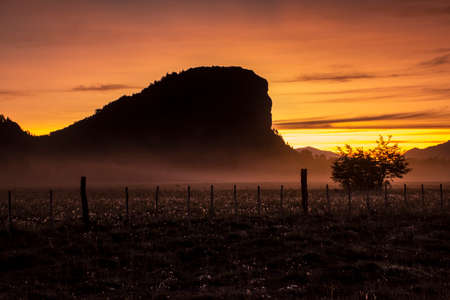 field with a little fog at late afternoon in Trompul, place located near San MartÃ­n de los Andes, Argentina.の写真素材