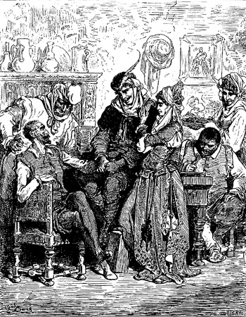 Sancho and the Don are entertained by the newlyweds Picture from Don Quixote Edoardo Perino Quijote  Rome, 1888  drawing  by Gustave Doreのeditorial素材