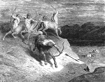 Circle 7 of Hell: The Violent-Picture is from the Vision of hell by Dante Alighieri, popular edition, published in 1892, London-England. Illustration by Gustave Doreのeditorial素材