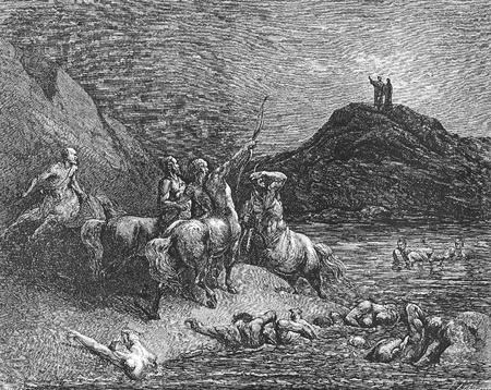 Nessus and the centaurs-Picture is from the Vision of hell by Dante Alighieri, popular edition, published in 1892, London-England. Illustration by Gustave Doreのeditorial素材