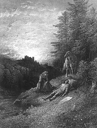 Enid tends Geraint-Picture is from Idylls of the King by Lord Tennyson, published by HURST & CO in 1910, London-England. Illustrations by Gustave Dore.のeditorial素材