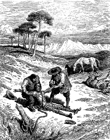 The Don drawn out of the cave in a comatose state-This picture is from Don Quixote, Edoardo Perino, the Italian edition published in 1888, Italy-Rome.The engraving is made by Gustave Dore.のeditorial素材