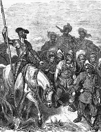 Don Quixote interrogates the criminals being led to the galleys-This picture is from Don Quixote, Edoardo Perino, the Italian edition published in 1888, Italy-Rome.The engraving is made by Gustave Dore.のeditorial素材