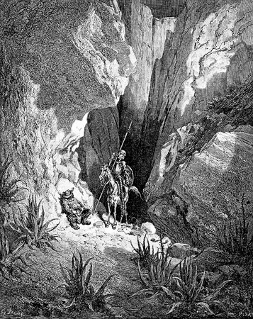 Don Quixote reads a sonnet from the little book found in the abandoned valise-This picture is from Don Quixote, Edoardo Perino, the Italian edition published in 1888, Italy-Rome.The engraving is made by Gustave Dore.のeditorial素材